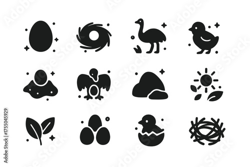 Ostrich Nest Icons. Egg & Nesting. Solid icons set of Egg & Nesting: ostrich egg, nest, adult ostrich, chick, sand, protective parent, rock, sun, leaves, egg