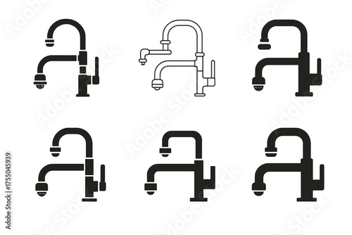 Aerator Tap Logos. Tap with aerator. Set Logo of Tap with aerator: pot filler tap. harmonious logo variations of the same emblematic concept, each with