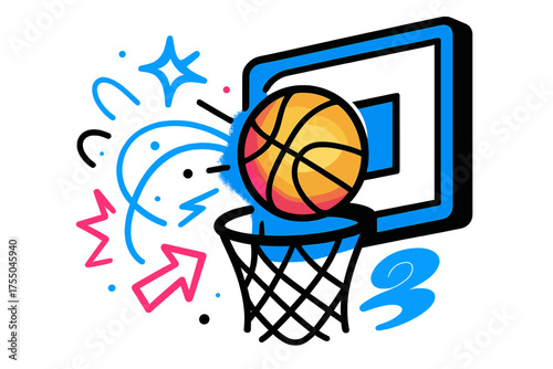 Glowing Basketball Motion. Backboard Bounce. A glowing basketball bouncing off the backboard toward hoop, abstract floating spark and arrow shapes symbolizing