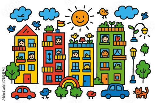 Colorful Urban Doodle. Cityscape Living. Colorful Hand-drawn doodle Children illustration residential towers, balconies, windows, rooftop gardens, elevators,
