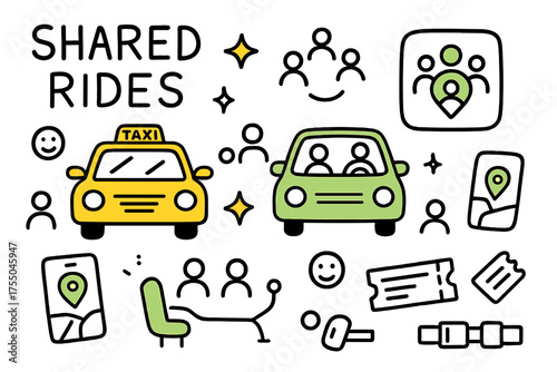 Colorful Shared Rides Doodle. Shared Rides. Hand-drawn doodle illustration taxi (colored), carpool (colored), app icon (colored), sparkle, star, people icons,
