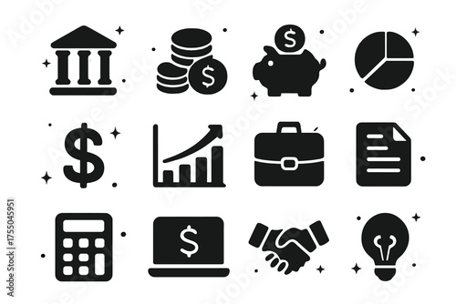 Wealth Management Icons. Wealth management. Solid icons set of Wealth management: bank building, coins, piggy bank, dollar sign, bar chart, pie