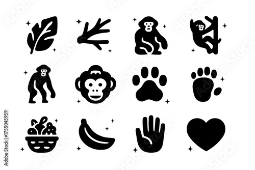 Chimp Habitat Icons. Chimp habitat. Solid icons set of Chimp habitat: jungle leaf, tree branch, sitting chimp, climbing chimp, full chimp body, chimp face, paw