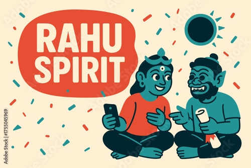 Rahu Spirit Celebration. Rahu Spirit banner, flat vector illustration, bold oversized text inside rounded blob, cartoon characters sitting and chatting,