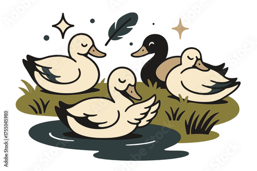 Ducks by Pond. Resting ducks. Glowing flock settled at pond?s grassy edge, some preening feathers. Floating icons of sparkle, feather, and star symbolizing
