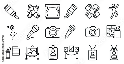 Art and performance icons set – outline, linear, creative and cultural symbols
