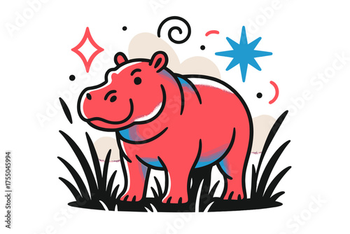 Glowing Hippo Art. Wild Hippo. A glowing hippopotamus standing among tall grass, abstract spark and swirl icons symbolizing wilderness. Modern flat-line