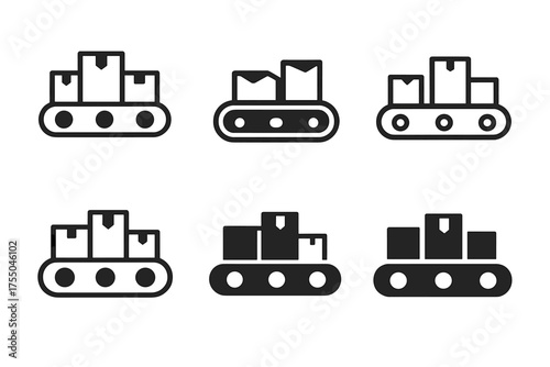 E-commerce Logo Variations. E-commerce packaging station. Set Logo of E-commerce packaging station: conveyor belt with packages. harmonious logo variations of