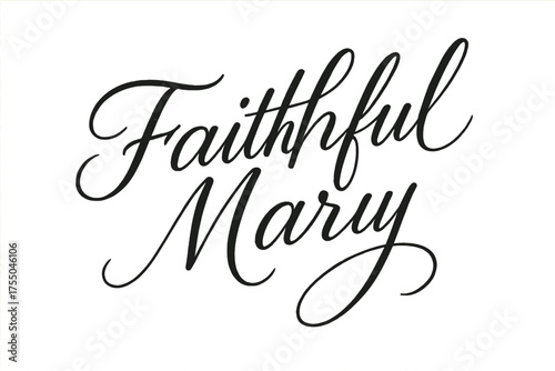Faithful Mary Script. Faithful Mary ? Script Hand-Lettering, flowing semi-cursive brush style with thin connectors, tilted diagonal composition, expressive
