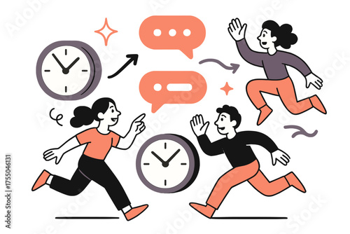 Dynamic Asynchronous Communication. Asynchronous flow. Glowing chat bubbles floating across clock faces, showing delayed replies. Floating icons of sparkle,
