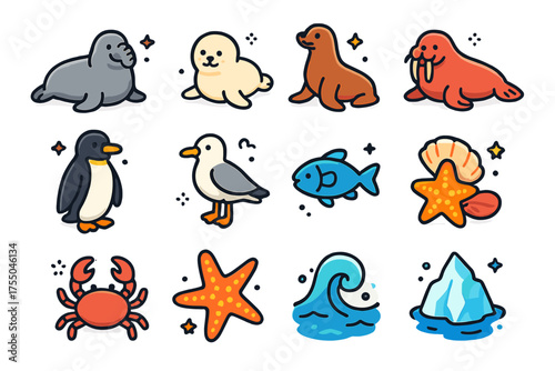 Marine Animal Icons. Elephant Seal. Colorful isometric vector icons set of elephant seal: elephant seal, baby seal, sea lion, walrus, penguin, seagull, fish,