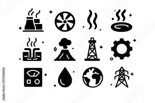 Geothermal Energy Icons. Geothermal energy. Solid icons set of Geothermal energy: geothermal plant, turbine, steam, hot spring, geothermal pipe, volcano,