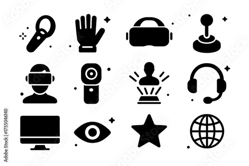 VR Interaction Icons. VR interaction. Solid icons set of VR interaction: VR controller, gloves, VR headset, joystick, avatar, camera, hologram, headset with