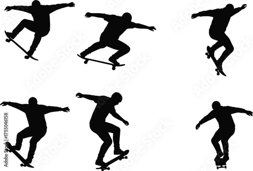 Skateboarder silhouette performing tricks, extreme sport action, urban lifestyle, skateboarding jump, balance stunt, youth culture illustration