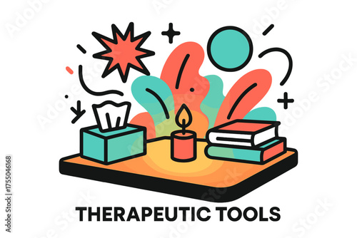 Healing Environment Elements. Therapeutic Tools. A glowing table with books, tissues, and a candle, abstract spark and circle icons symbolizing healing