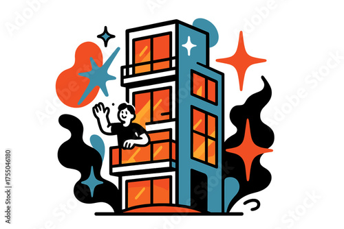 Modern Apartment Glow. Skyline Glow. A glowing high-rise apartment with floor-to-ceiling windows, abstract spark and star icons symbolizing modern luxury.