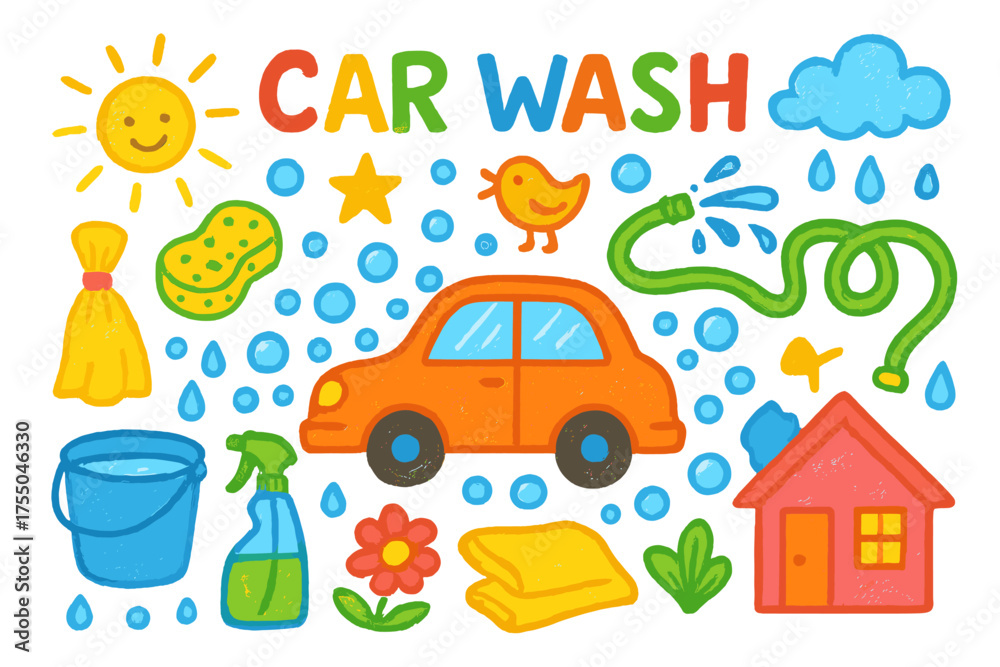 Fototapeta premium Cheerful Car Wash. Neighborhood Car Wash. Colorful Hand-drawn doodle Children illustration car, sponge, bucket, bubbles, hose, spray bottle, towel, flower,