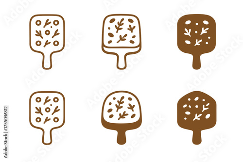 Rustic Focaccia Logos. Baking a rustic focaccia bread with herbs and olive oil. Set Logo of Baking a rustic focaccia bread with herbs and olive oil: wooden