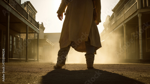 Dramatic low-angle view of a cowboy standing in a dusty Wild West street, ready for a classic showdown scene.