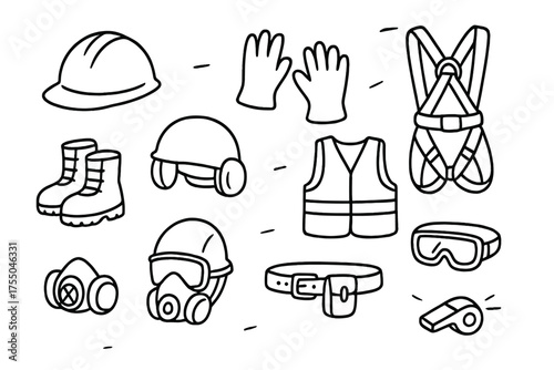 Safety Gear Doodles. Safety Gear. Hand-drawn doodle illustration Safety Gear hard hat gloves harness boots helmet vest goggles mask tool belt whistle. Simple
