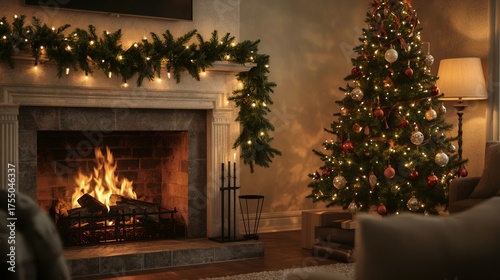 Festive living room interior with glowing decorations.