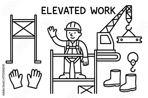 Construction Doodle Art. Elevated Work. Hand-drawn doodle illustration Elevated Work scaffold crane steel beam pulley worker helmet gloves boots safety harness