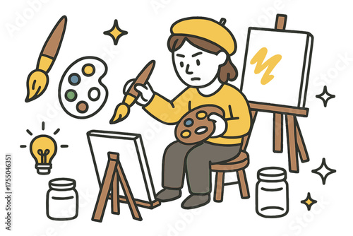 Creative Art Tools. Focused Artist. Hand-drawn doodle illustration artist (colored), brush (colored), palette (colored), canvas (colored), sparkle, star,