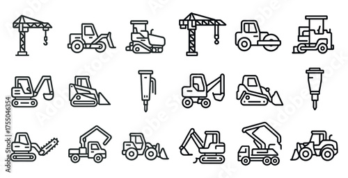 Construction machinery icons set – line, outline, building equipment symbols