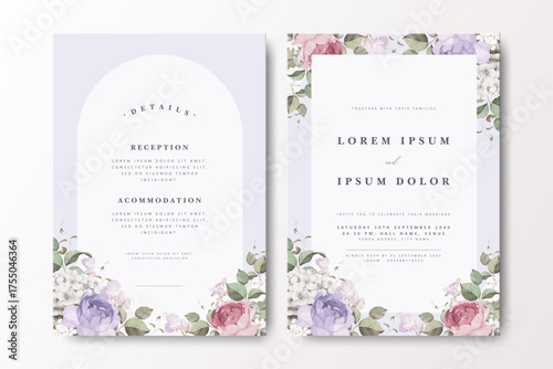 Elegant wedding invitation card design featuring soft lavender and pastel roses with delicate green leaves. Clean text layout on a subtle, light purple background, perfect for weddings and VIP events.
