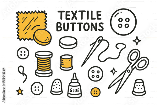 Colorful Sewing Tools. Textile Buttons. Hand-drawn doodle illustration fabric swatch (colored), button mold (colored), thread (colored), sparkle, star, needle
