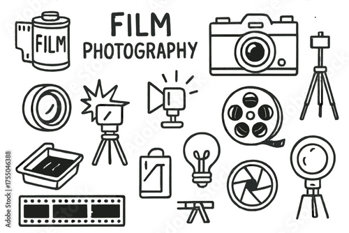 Film Photography Icons. Film Photography. Hand-drawn doodle illustration Film Photography film roll camera tripod darkroom lens flash shutter aperture reel