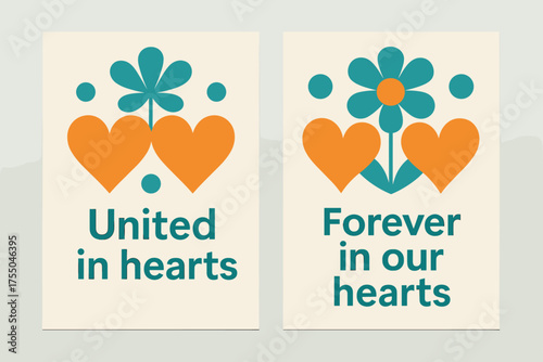 Abstract Heart Banners. United in hearts. Two vertical A6 banners with safe margins, centered composition, no elements touching edges, geometric, turquoise and