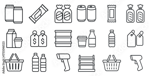 Grocery and retail outline icons set – linear, shopping, store essentials