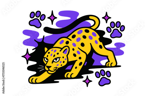 Glowing Leopard Stealth. Silent Stalker. A glowing leopard moving low through shadows, abstract floating paw prints and spark shapes symbolizing stealth.
