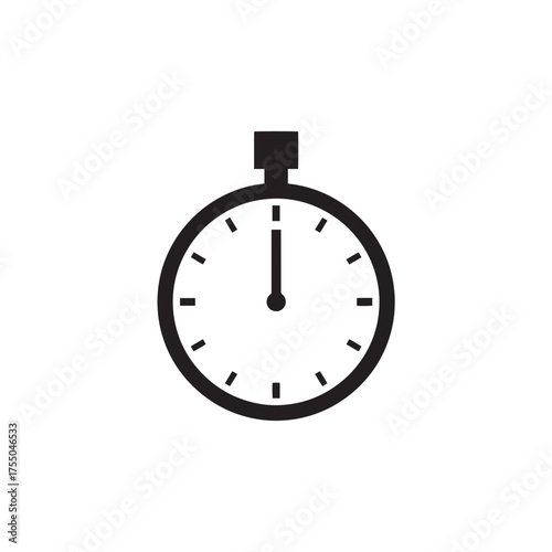 Vector art of a simple black and white stopwatch icon showing twelve oclock