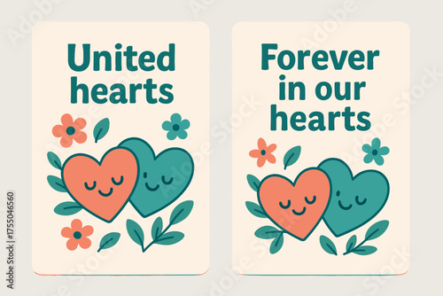 United Hearts Banners. United hearts. Two vertical A6 banners with safe margins, centered composition, no elements touching edges, cartoon, coral and teal,