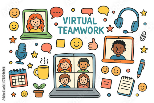 Virtual Teamwork Doodles. Virtual Teamwork. Colorful Hand-drawn doodle Children illustration laptops, video conference, team members, webcams, microphones,