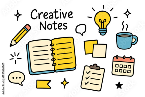 Creative Notes Doodle. Creative Notes. Hand-drawn doodle illustration notebook (colored), pencil (colored), lightbulb (colored), sparkle, star, coffee cup