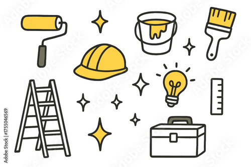 Artistic Renovation Doodles. Finishing Touches. Hand-drawn doodle illustration paint roller (colored), paint bucket (colored), brush (colored), sparkle, star,