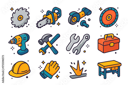 Colorful Tool Icons. Heavy Duty Tools. Colorful isometric vector icons set of heavy duty tools: circular saw blade, chainsaw, grinding wheel, diamond blade,