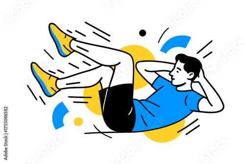 Dynamic Bicycle Crunches. Bicycle Crunches. Person performing bicycle crunches, floating abstract geometric motion lines around legs and torso, dynamic fitness