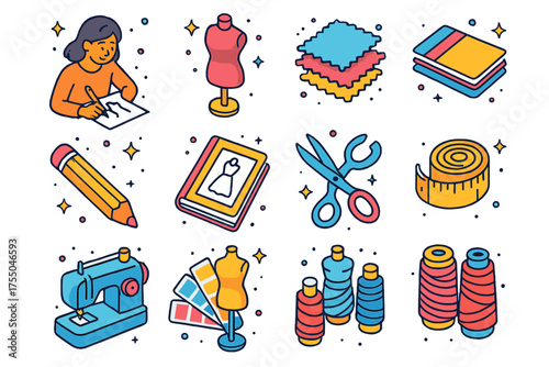 Fashion Design Icons. Fashion Design. Colorful isometric vector icons set of Fashion Design: designer sketching, dress form, fabric swatches, pencil,