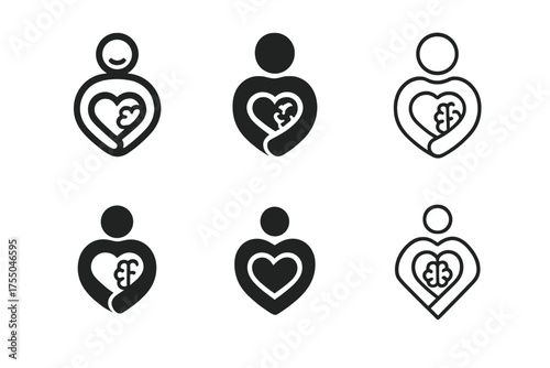 Therapy Emblem Variations. Therapy for PTSD. Set Logo of Therapy for PTSD: person holding heart with mind icon. harmonious logo variations of the