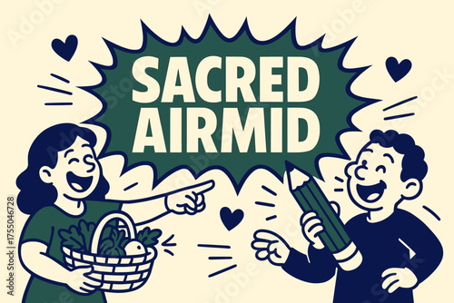 Airmid Comic Celebration. Sacred Airmid banner, flat vector illustration, bold oversized text inside comic burst, cartoon characters laughing and pointing,