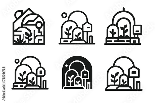 Futuristic Habitat Logos. A futuristic space habitat with living quarters, gardens, and workspaces. Set Logo of A futuristic space habitat with