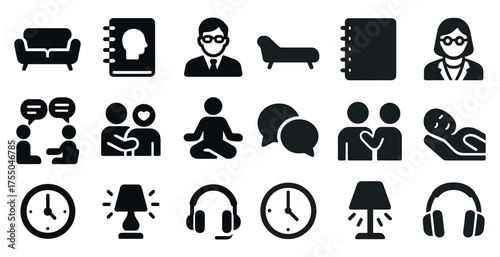 Mental health solid icons set – flat, filled, wellness and therapy symbols