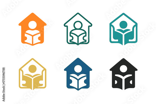 Home Schooling Logos. Home schooling environments and teaching materials. Set Logo of Home schooling environments and teaching materials: Reading Corner.