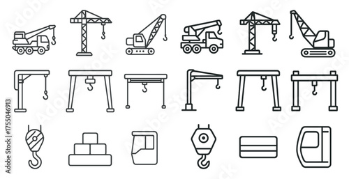 Construction equipment outline icons set – linear, machinery, building tools