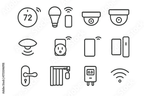 Smart Home Icons. Connected home devices. Line icon set of Connected home devices: thermostat, smart light bulb, smart speaker, security camera, motion sensor,