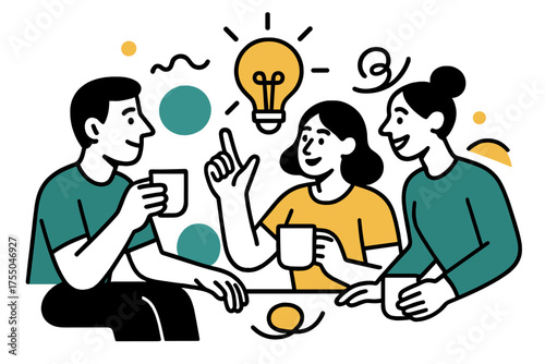 Coffee Idea Exchange. Coffee Chat. A glowing small group discussing ideas over coffee mugs, abstract spark and swirl icons symbolizing casual teamwork. Modern
